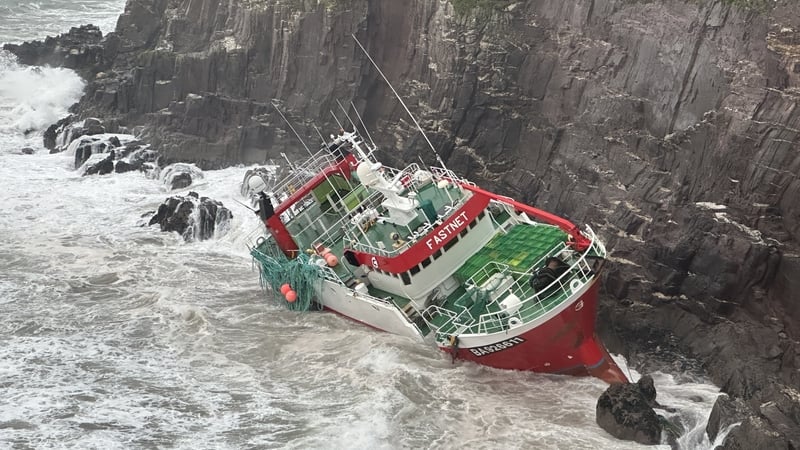 Heavy seas preventing attempts to assess the damage to a French trawler in Dingle