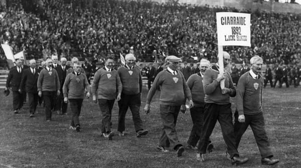 The nine surviving members of the 1892 Laune Rangers Kerry team, leading the parade during the opening ceremony of the Fitzgerald Stadium in Killarney in May 1936. Photo: Fitzgerald Stadium Archive