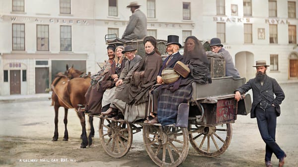 All aboard: passengers on a mail car near Black's Royal Hotel, Eyre Square, Galway circa 1880. From Old Ireland In Colour (Merrion Press)