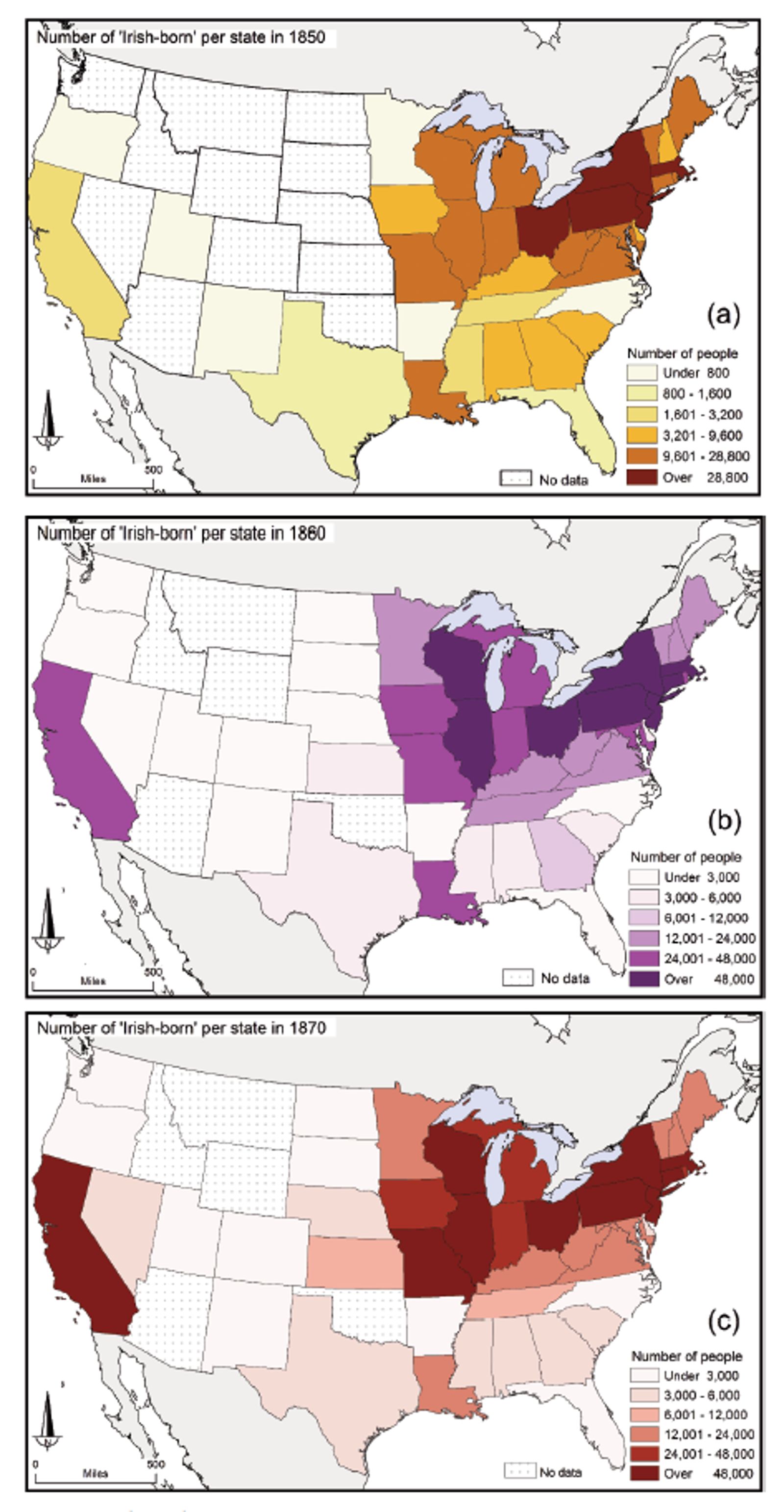 Image - Distribution of Irish immigrants across the United States in 1850, 1860 and 1870