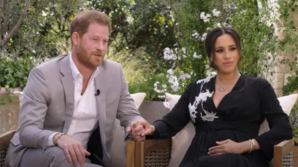 The 90-minute interview with Prince Harry and Meghan Markle will be broadcast in the US by network CBS this Sunday, 7 March Screengrab: CBS