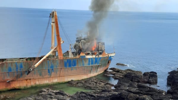 Firefighters had tackled the blaze last night on the shipwrecked MV Alta
